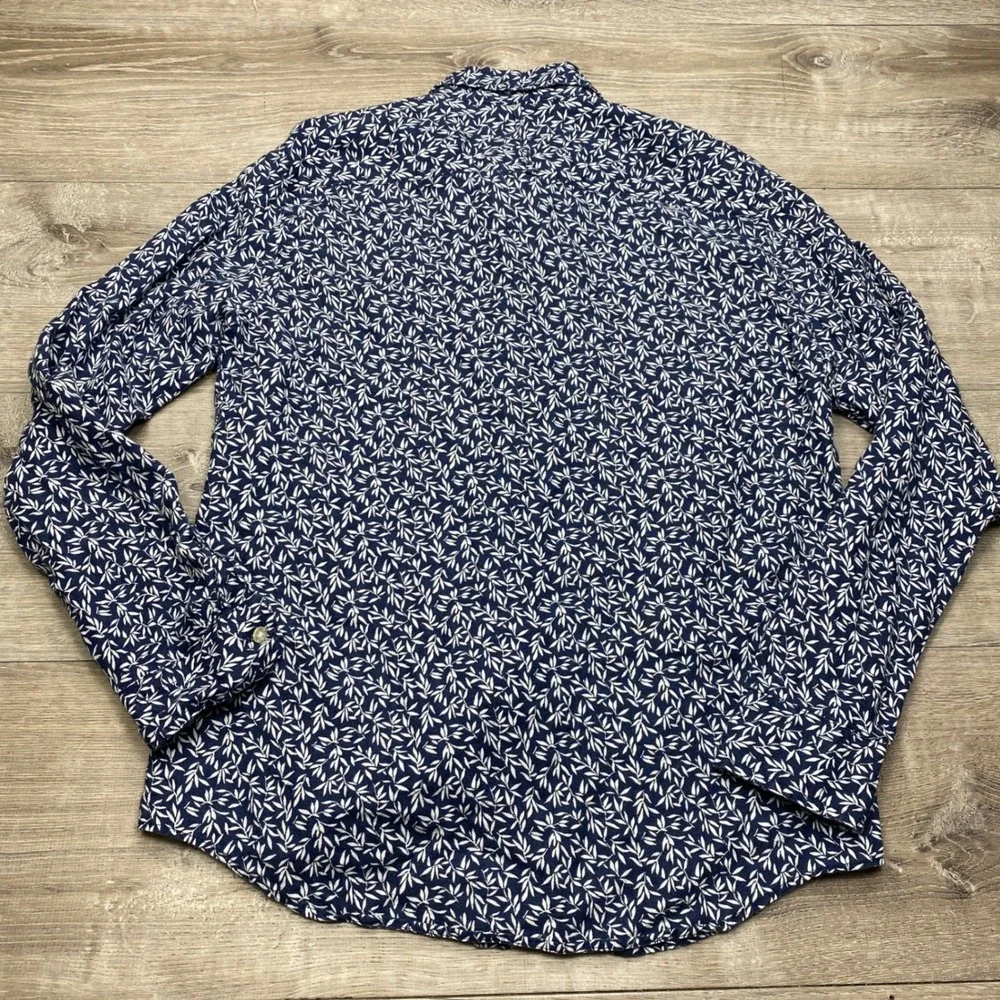 Banana Republic Button Down Mens M Blue Linen Leaf Print Slim Fit Casual Shirt